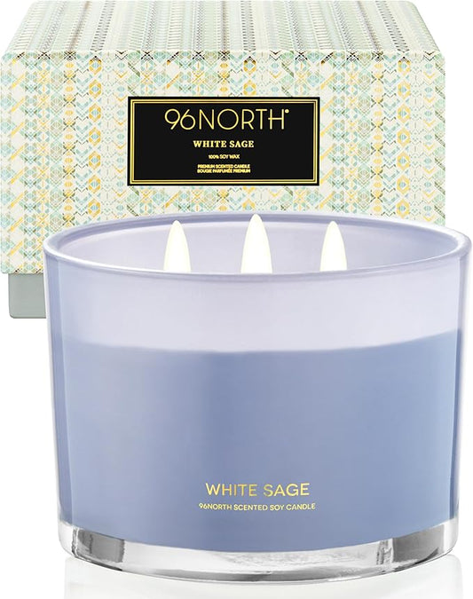 96NORTH Luxury White Sage Candle | Large 3 Wick Jar Candle | Up to 50 Hours Burning Time | 100% Natural Soy Wax | Relaxing Aromatherapy Aesthetic Candles | Housewarming Gift for Men and Women - Bloomnest
