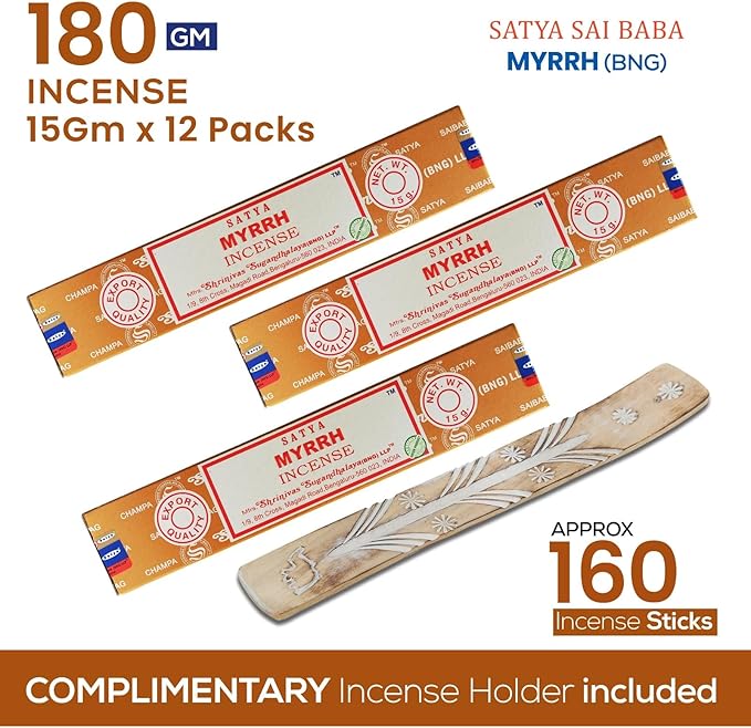 Satya Myrrh Incense Sticks, Satya 15gmx12 Pack with Raajsee Incense Holder Bundle, Satya Nagchampa Natural Incense - Bloomnest