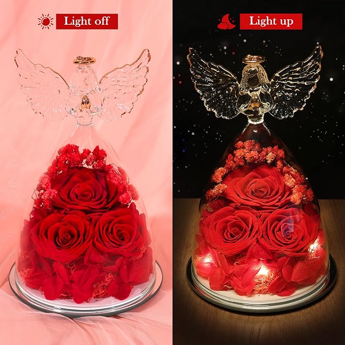 FIACO Valentines Day Gifts for Her Women, Preserved Flowers Forever Eternal Fresh Rose in Glass Angel Figurines Flowers for Delivery Red Roses for Grandma Mom Sister Wife Girlfriend Mother Birthday - Bloomnest
