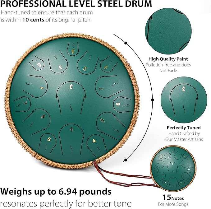 Steel Tongue Drum - 14 Inch 15 Note Tongue Drum - Hand Pan Drum with Music Book, Handpan Mallets and Carry Bag, C Major, Green - Bloomnest
