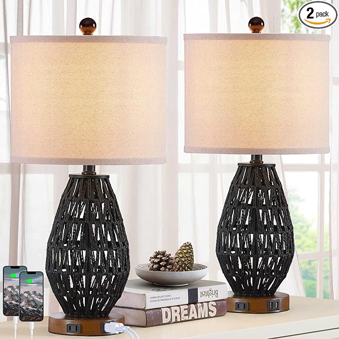 Touch Control Rattan Table Lamps, 3 Way Dimmable Bedside Lamps for Bedroom Set of 2 with 2 USB Ports and AC Outlet, Black Wicker Nightstand Lamps for Living Room (LED Bulbs Included) - Bloomnest