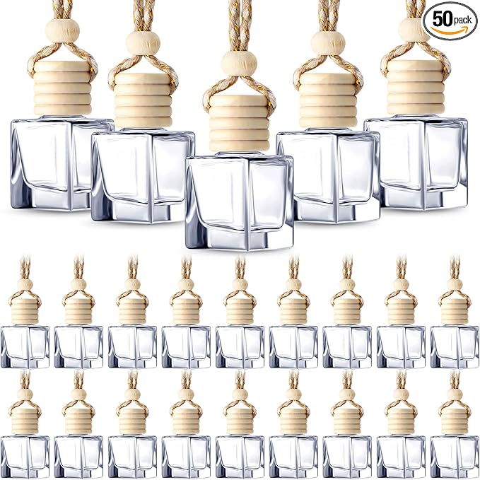 BBTO 50 Pcs Hanging Car Air Freshener Car Diffuser Bottles Empty Glass Perfume Bottle Freshener Diffuser Bottle Pendant for Essential Oil Fragrance Aromatherapy Bottle Ornament(Cube) - Bloomnest