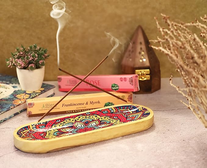 Bless-International Traditional-Handmade-Tray-Burner Wooden-Trat-Incense-Stick-Holder Ash-Catcher-Stand for-Aromatherapy-Meditation-Yoga (Mandala, 11x4x1.22 Inches) - Bloomnest