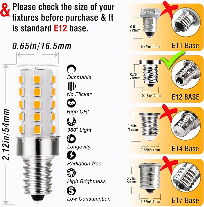 ALIDE E12 Dimmable LED Bulb 5W C7 Light Bulb,Replace 40W E12 Halogen Equivalent,Warm White 2700k T6 Base 110V 120V E12 LED Candelabra Bulbs for Ceiling Fan Chandelier Salt Lamp,450lm,10Pack - Bloomnest
