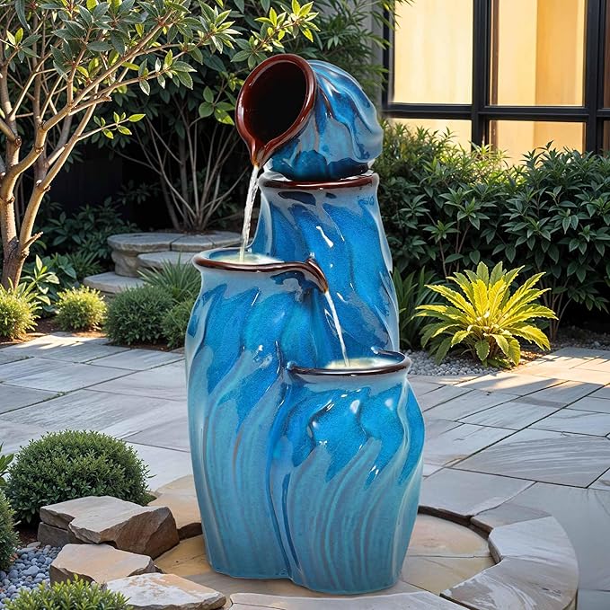 29" Ceramic Outdoor Fountain with Lights, 4-Tier Pots Waterfalls Patio Water Fountain, Tranquil Oasis for Relaxing Garden, Yard, or Porch Decor, Turquoise, Dynamic Wave-Texture - Bloomnest