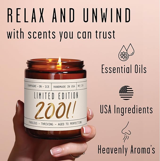 24th Birthday Gifts for Women - 'Limited Edition 2001' Soy Candle, w/Champagne on Ice I 24 Birthday Gifts for Women I 24th Gift for Her Ideas I 9oz Reusable Jar, 50Hr Burn, Made in USA - Bloomnest