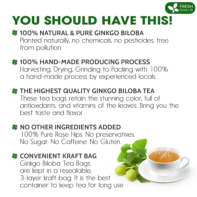 FreshDrinkUS, Premium 30 Ginkgo Biloba Leaf Tea Bags, 100% Natural & Pure from Ginkgo Biloba Leaves. Loose Leaf Herbal Tea. Made with Eco-Conscious Tea Bags. No Sugar, No Caffeine, No Gluten, Vegan. - Bloomnest