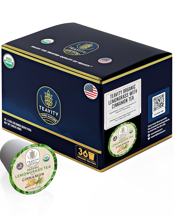 Teavity Organic Lemongrass and Cinnamon Tea Pods for Keurig - Naturally Decaffeinated Herbal Tea Blend (36 Pods) - Bloomnest