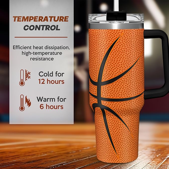 SANDJEST Basketball Tumbler with Handle 40oz Lid & Straw, Insulated Coffee Cup Gifts for Men Boys Players, Christmas Birthday - Bloomnest