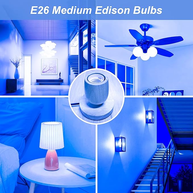 4 Pack 3.2 Inch T10 Blue Light Bulb, E26 Base Edison Bulbs Dimmable, AC 120V 60 Watt Equivalent Clear Glass Filament Bulb, Halloween Christmas Party Bar Colored Light Bulbs, UL Listed - Bloomnest