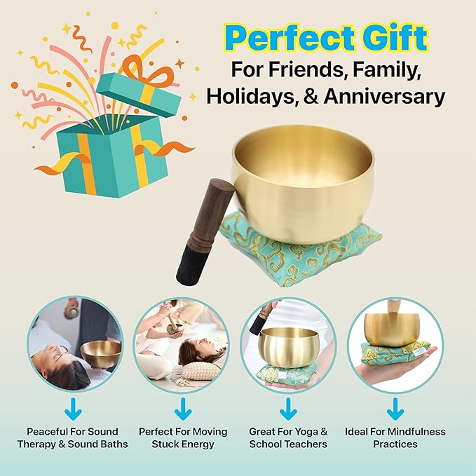 Large Tibetan Singing Bowl Set – 6 Inch Sound Bowl for Yoga, Meditation, Stress Relief, Healing & Chakra Balancing – Long Pure Resonance – Includes Mallet & Cushion – ZenGolden Bowl - Bloomnest