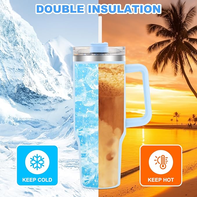 40 oz Tumbler with Handle and Flip Straw Lid, Vacuum Insulated Leak Proof Double Walled Stainless Steel Travel Mug Tumblers, Maintains Cold Ice and Heat for Hours(Blue) - Bloomnest