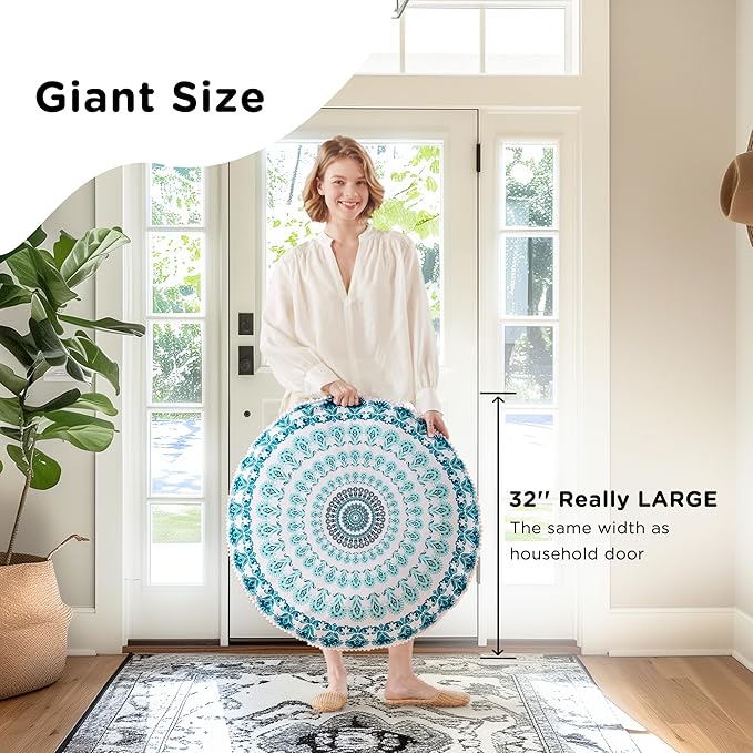 Codi Meditation Floor Pillow, Round Large Pillows Seating for Adults, Bohemian Mandala Circle Cushion for Outdoor Fireplace Yoga Living Room, 32 Inch, Memory Foam Added, Aqua - Bloomnest