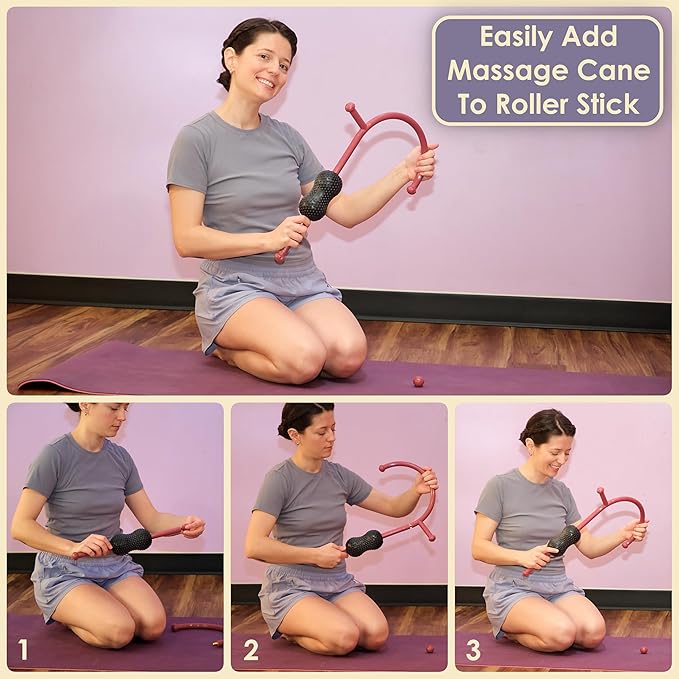 Roller Cane Massager | 2-in-1 Massage Roller Stick & Trigger Point Cane | Rubber Ball for Deep Tissue, Myofascial Release & Muscle Recovery (Red)