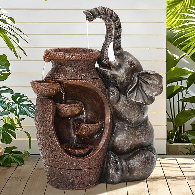 Elephant Outdoor Water Fountain with LED Lights and Pump, 18.9" Tall Resin Garden Waterfall Feature for Patio, Porch, Yard