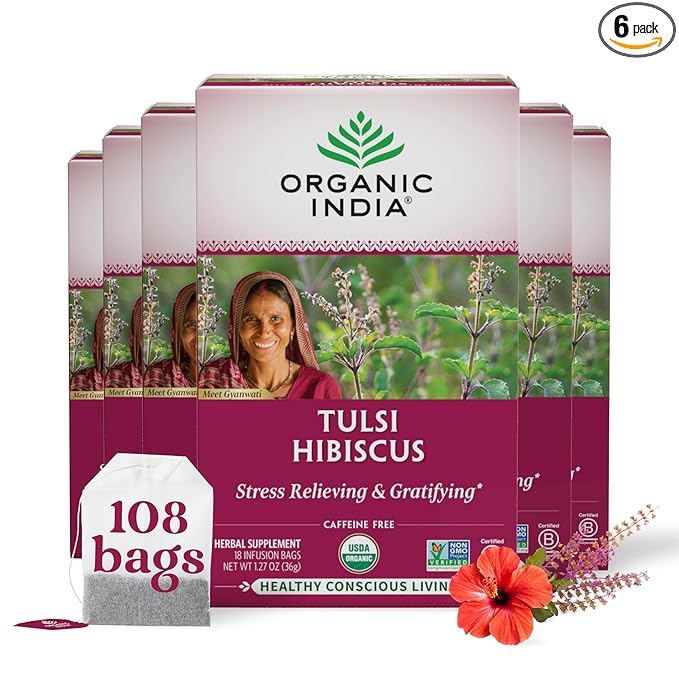 Organic India Tulsi Hibiscus Tea Bags - Holy Basil Herbal Tea, Stress Relieving, Immune Support, USDA Organic, Calming, Caffeine Free- 18 Bags, 6 Pack - Bloomnest