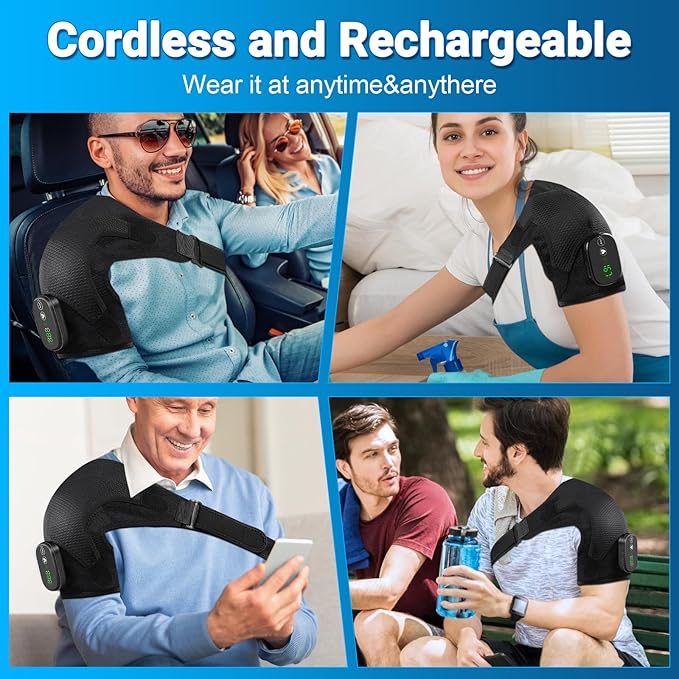 YUANBO Cordless Heated Shoulder Massager Wrap - 3 Heat & Vibration Modes, Support for All Genders, Portable Shoulder Relaxation, Black