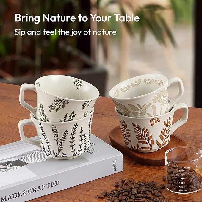 Ceramic Coffee Mug, 12 oz Novelty Unique Teacup with Handle, Stoneware Cup for Tea Mocha Latte Cappuccino Espresso (Set of 2, Butterfly and Ivy) - Bloomnest