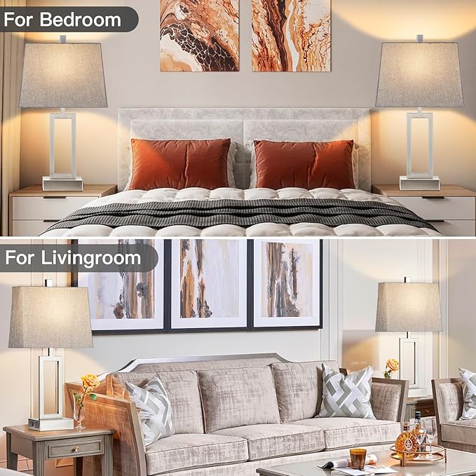 Touch Control Table Lamps Set of 2, Modern Silver Bedside Lamps with USB A+C Ports & AC Outlet, 3 Way Dimmable Contemporary Nightstand Lamps for Bedroom Living Room(LED Bulb Included) - Bloomnest