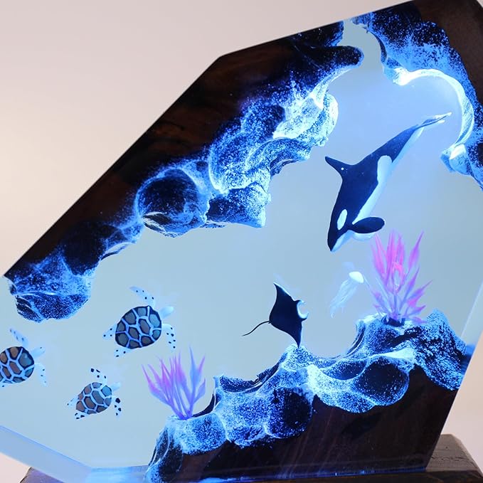 Handmade 3D Ocean Resin Lamp, Epoxy Ocean Night Light with Wooden Base, LED Color Changing Table Lamp, USB Powered Dragons Decor, Unique Ocean Gift for Bedroom & Home Office (Orca Whale) - Bloomnest