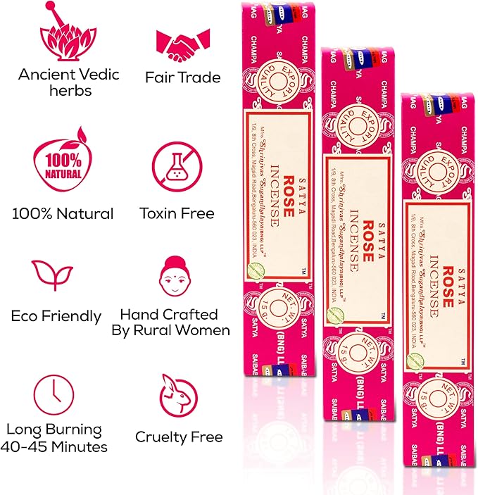 Satya Rose Incense Sticks, Satya Bng Insenses 15gmx12 Pack with Raajsee Incense Holder Bundle, Satya Nagchampa Natural Incense - Bloomnest