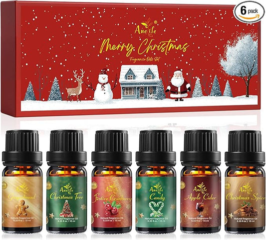 Christmas Essential Oil Set | 6 Pack Holiday Fragrance Oils for Diffuser, Candle Making | Christmas Tree, Spice, Gingerbread, Apple Cider, Candy, Cranberry | Aromatherapy Gift Set for Home & Women - Bloomnest