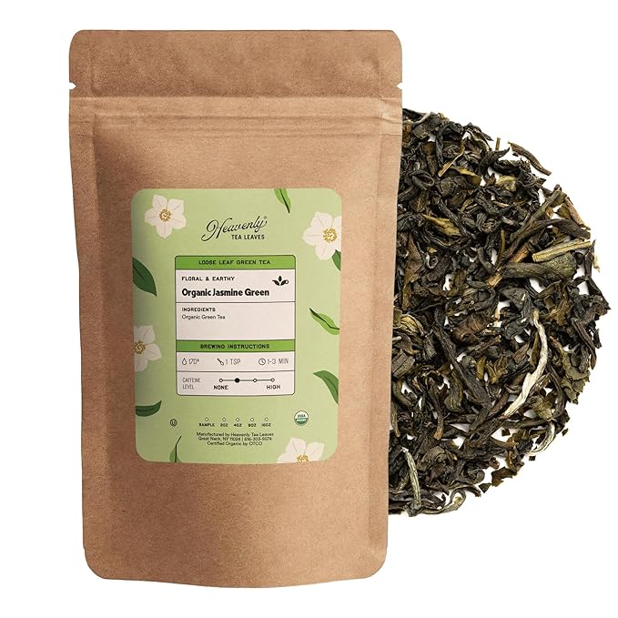 Heavenly Tea Leaves Organic Organic Jasmine Green, Loose Leaf Green Tea, 4 oz. (Approx. 50 Cups of Tea) - Delicious Hot or Iced, Naturally Caffeinated, Premium Quality - Bloomnest