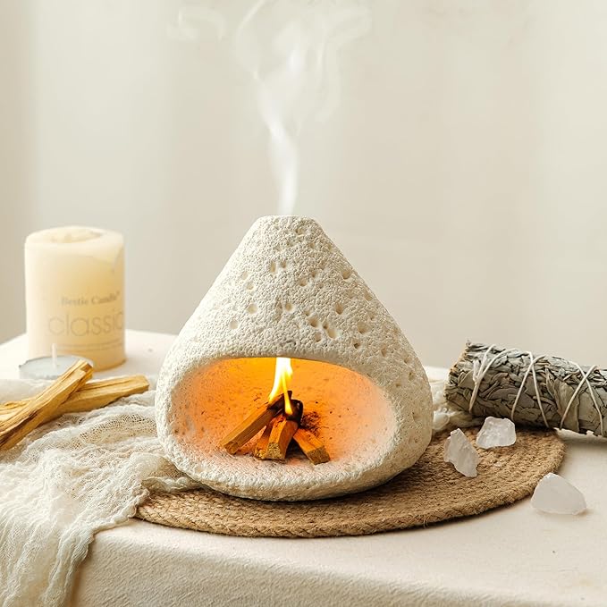 Palo Santo Holder, Modern Incense Burner for Sage, Palo Santo Sticks and Cones Burning, Mini Fireplace Chimney Smudge Bowl for Yoga, Meditation and Energy Cleansing Aromatic Home Decor Bloomnest
