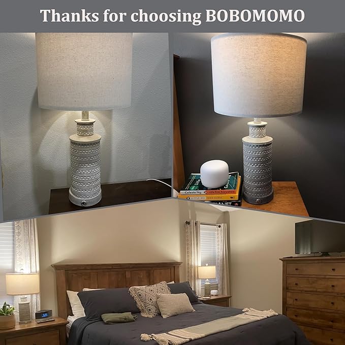 BOBOMOMO 3-Way Dimmable Touch Control Table Lamp Set of 2 with Dual USB Charging Ports for Bedroom Living Room Vintage Rustic Farmhouse Traditional Nightstand Bedside Lamps(Bulbs Included) - Bloomnest