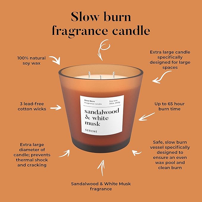 Hidden Label Large Scented Candle, Sandalwood & White Musk, 30oz 3 Wick Huge Candle, Huge Slow Burn Natural Soy Candles for Home Scented - Bloomnest