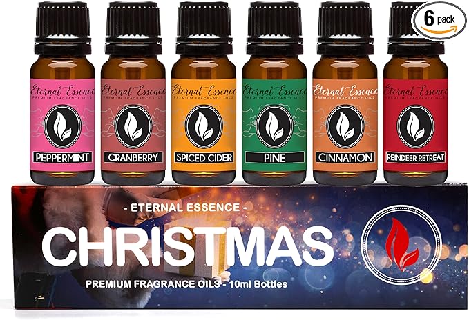 Eternal Essence Oils Christmas Set of 6 Premium Fragrance Oils - Peppermint, Cranberry, Spiced Cider, Pine, Cinnamon and Reindeer Retreat - for Diffusers, Candle & Soap Making, & Aromatherapy - 10ML - Bloomnest