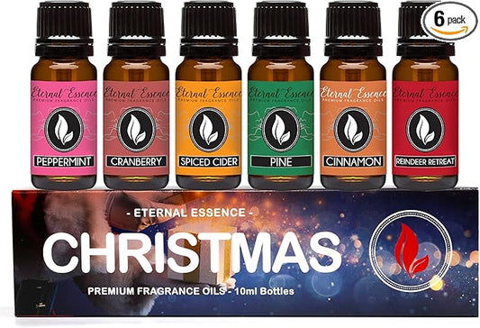 Eternal Essence Oils Christmas Set of 6 Premium Fragrance Oils - Peppermint, Cranberry, Spiced Cider, Pine, Cinnamon and Reindeer Retreat - for Diffusers, Candle & Soap Making, & Aromatherapy - 10ML - Bloomnest