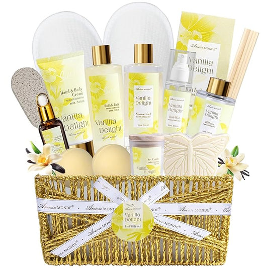 Spa Gifts for Women, 15Pcs Vanilla Rose Women Spa Gift Baskets w/Body Mist, Diffuser, Bath Bomb. Relaxing Bath Sets, Mothers Day Gifts for Mom, Unique Birthday Gift Basket - Bloomnest