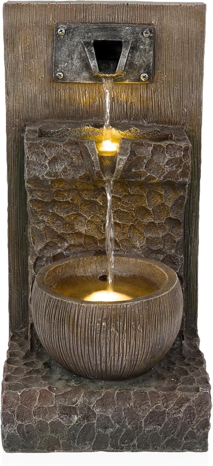 Alpine Corporation ZDQ108 Indoor/Outdoor Floor 3-Tier Fountain with LED Lights, Cascading Garden Water Fountain, 20" H, Brown - Bloomnest