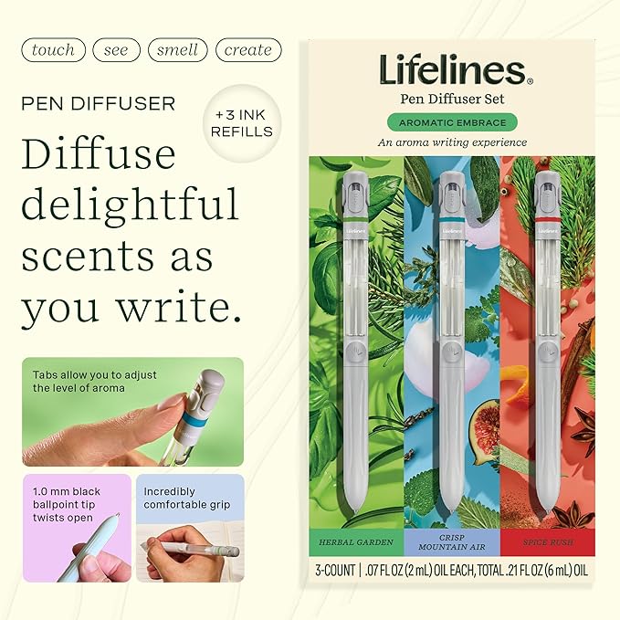 Lifelines Pen Diffuser Set, Aromatic Embrace 3-Pack – 1mm Black Ballpoint Pens with Scented Essential Oil Blends – Aromatherapy Diffuser & Sensory Immersion Diffuse Aroma As You Write - Bloomnest