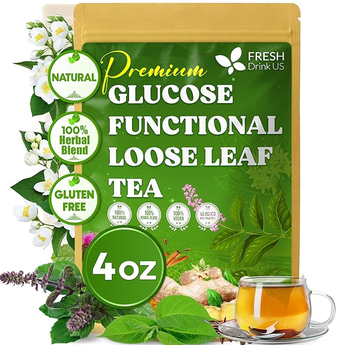 FreshDrinkUS, Glucose Functional Loose Leaf Tea | 4oz | Herbal Blend of Gymnema, Milk Thistle, Dandelion Root, Cinnamon & Ashwagandha – Naturally Caffeine-Free, Premium Quality, Balanced Flavor. Vegan - Bloomnest