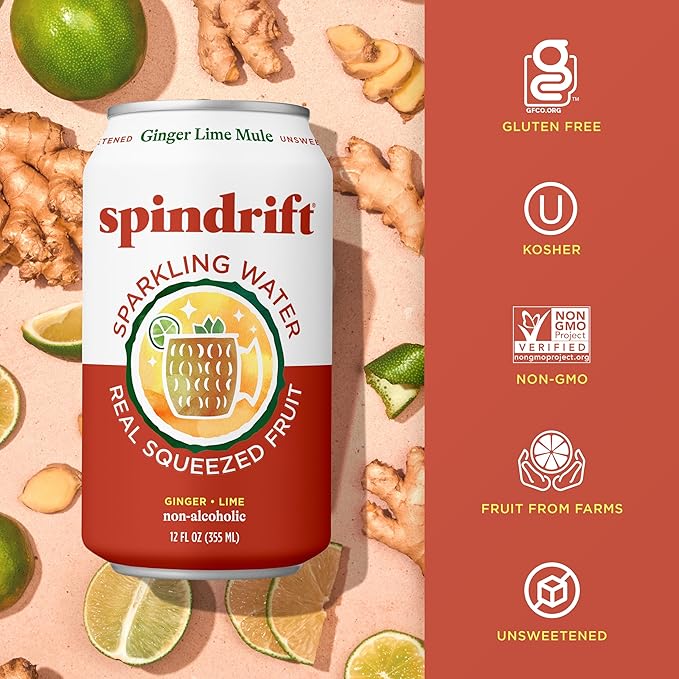 Spindrift Sparkling Water, Ginger Lime Mule Flavored, Made with Real Squeezed Fruit, 12 Fl Oz Cans, Pack of 24 (Only 11 Calories per Can) - Bloomnest