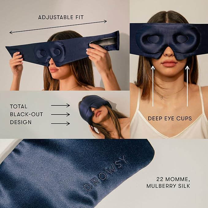 DROWSY Eyelash Protecting Silk Sleep Mask for Natural Lashes & Extensions. Deep Eye Cups, Zero Pressure, Total Blackout, Full Wraparound (Midnight Blue) - Bloomnest