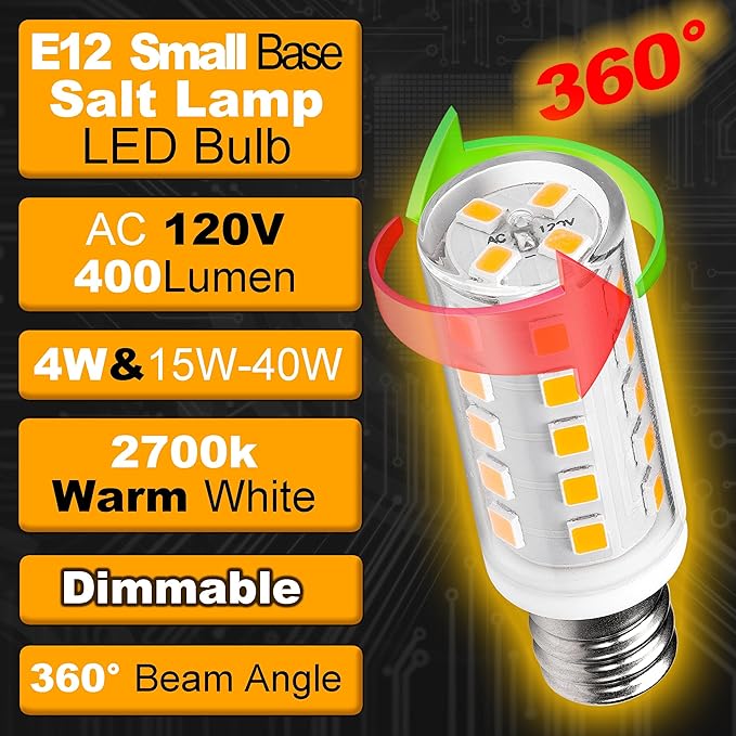 Dimmable E12 LED Bulb Himalayan Salt Lamp 4W, Equivalent 15W 40W, 400lm 2700K Warm White AC120V S6 C7 E12 Candelabra Base for Night Light Chandeliers Christmas Light Candle Lamp Dryer Bulbs, 4 Pack - Bloomnest