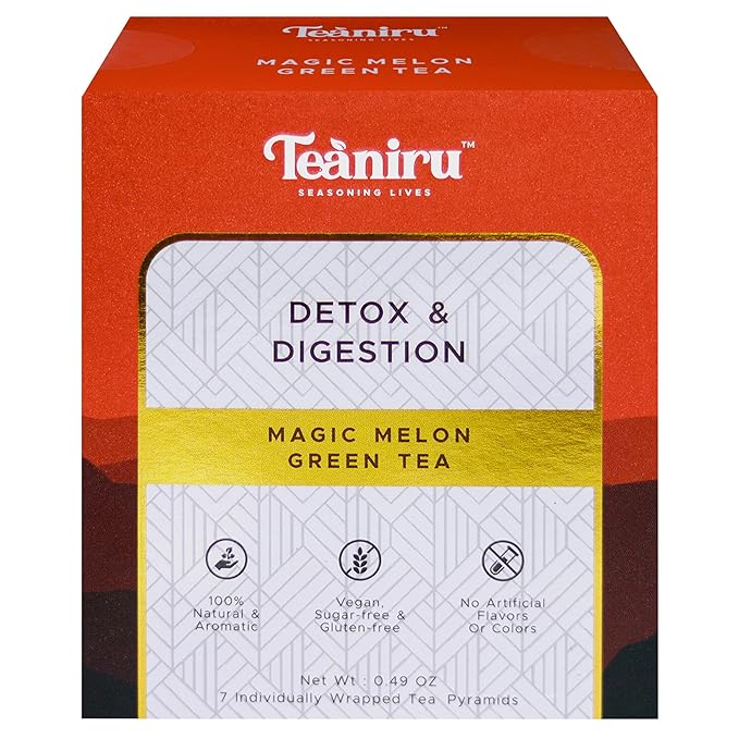 Teaniru, Magic Melon Green Tea, 7 Pyramid Tea Bags in Individual Sachets | Detox Tea - Green Tea with Musk Melon & Aloe Vera | 100% Natural Ingredients - Brew Hot or Cold - Bloomnest