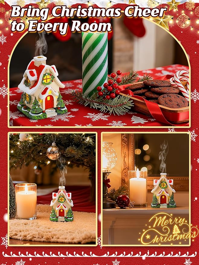 Christmas Log Cabin Incense Burner - Gift for Mom Wife Her Women, Christmas Village House Incense Holder with 2 Incense Cones for Home Decorations, Red - Bloomnest