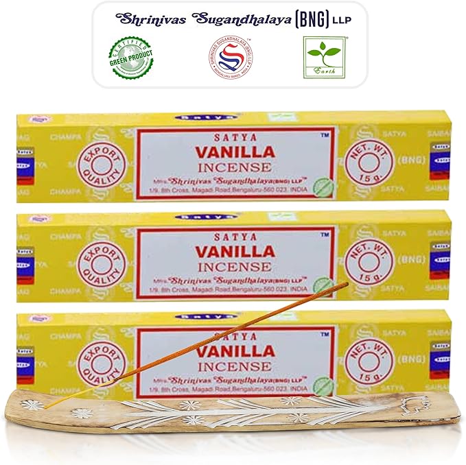 Satya Nagchampa Vanilla Incense Sticks, Satya Bng (Bangalore) Insenses 15gmx3 Pack (45 GMS) with Raajsee Incense Holder Bundle, Satya Nagchampa Natural Incense - Bloomnest
