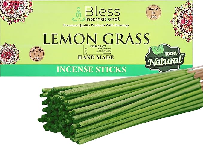 Bless-Lemon-Grass 100%-Natural-Handmade-Hand-Dipped Organic-Chemicals-Charcoal-Free Purification-Relaxation-Positivity-Yoga-Meditation Best-Woods-Scent (500 Sticks (26 OZ)) BlessInternational