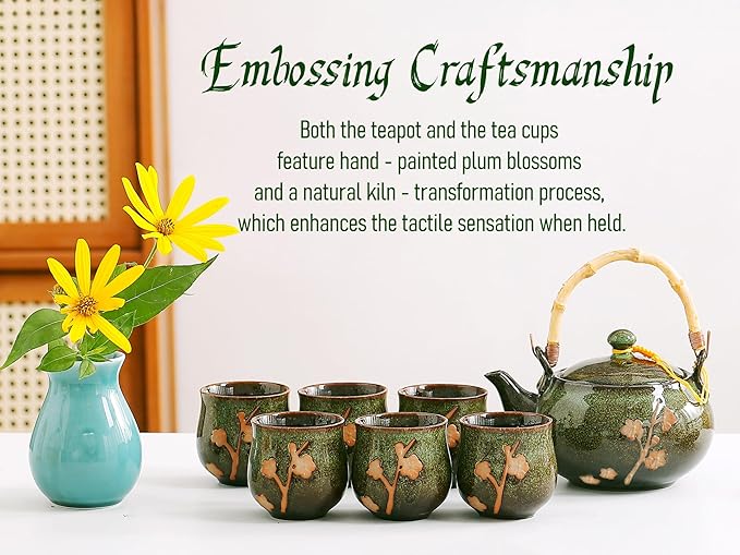 Traditional Japanese tea set, Kiln altered glaze Porcelain tea set with 1 Teapot, 6 Tea cups, 1 Tea Tray,Japanese teapot set, Asian tea sets (Kiln altered-Green) - Bloomnest