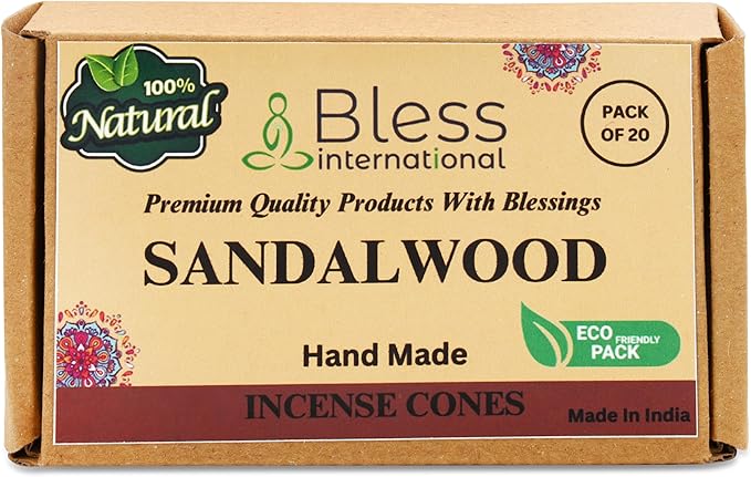 Bless International Sandalwood 100%-Natural-Incense-Cones Handmade-Hand-Dipped Organic-Chemicals-Free for-Purification-Relaxation-Positivity-Yoga-Meditation The-Best-scents (20 Count) BlessInternational