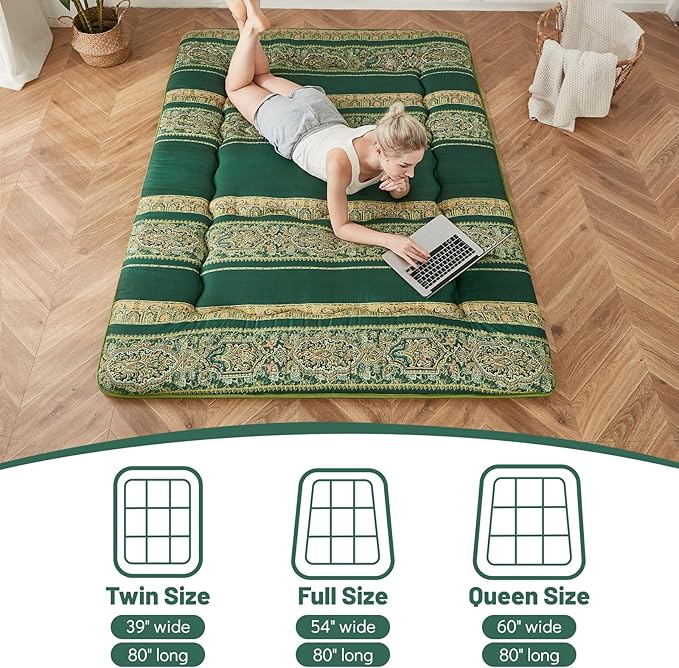 Japanese Floor Mattress, Futon Mattress with Portable Storage Bag and Washable Cover, Roll Up Thick Tatami Mat Suitable for Camping, Guest Room (Boho Green, Full) - Bloomnest