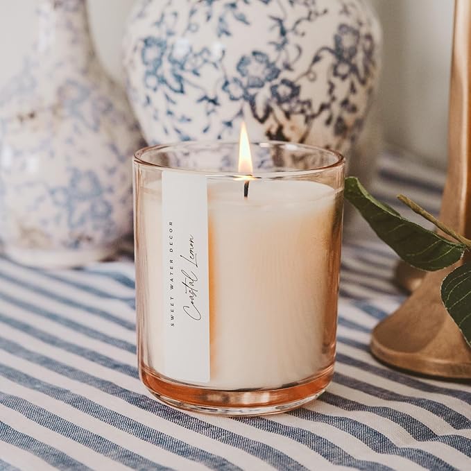 Sweet Water Decor Coastal Lemon Scented Candles – Soy Candles with Lemon, Sea Salt, Jasmine & Driftwood – Summer Cozy Aroma – 50 Hour Burn – 12oz Tinted Glass Jar for Home Decor and Bedroom Décor - Bloomnest