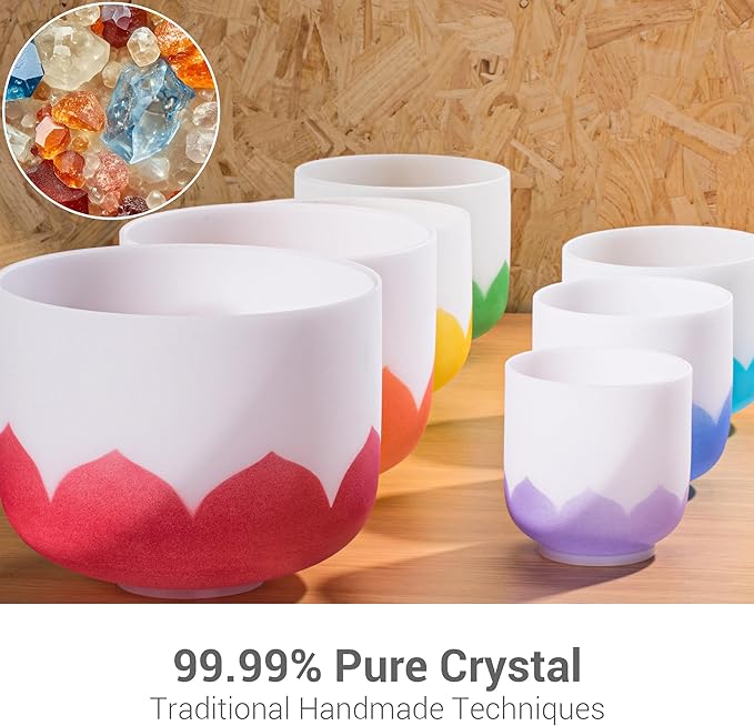 432Hz 6-12 Inch Set of 7 Lotus Quartz Crystal Singing Bowls with Gradient Colored Design, 2 Travel Carry Case Bags and Resonance Striker for Meditation and Sound Therapy - Bloomnest