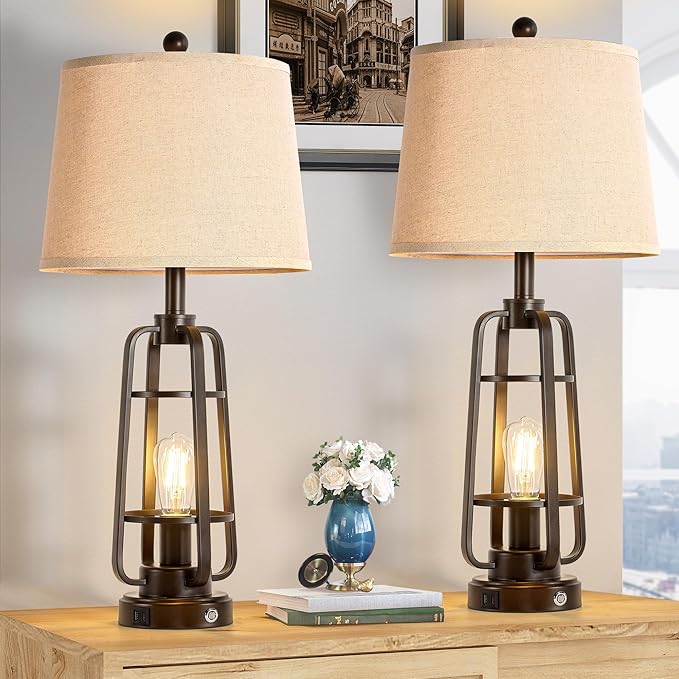 28.7" Table Lamps for Living Room Set of 2, Touch Lamps for Bedrooms with USB C+A Charging Ports, Farmhouse Lamps for Nightstands with Oil Rubbed Bronze Finish, Bulbs Included - Bloomnest