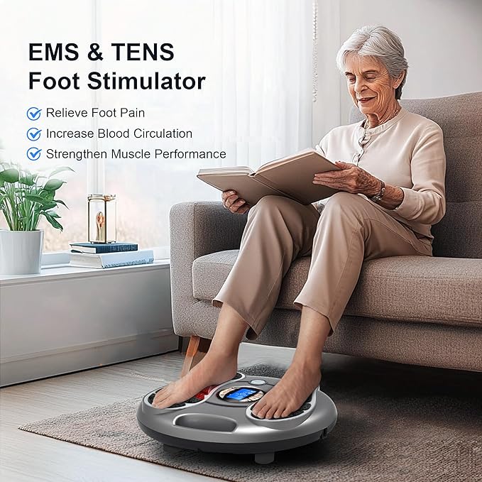 Foot Massager for Neuropathy, EMS TENS Foot Stimulator for Circulation and Pain Relief, TENS Unit Muscle Stimulator with 4 Electrode Pads, Fits Up to 11"
